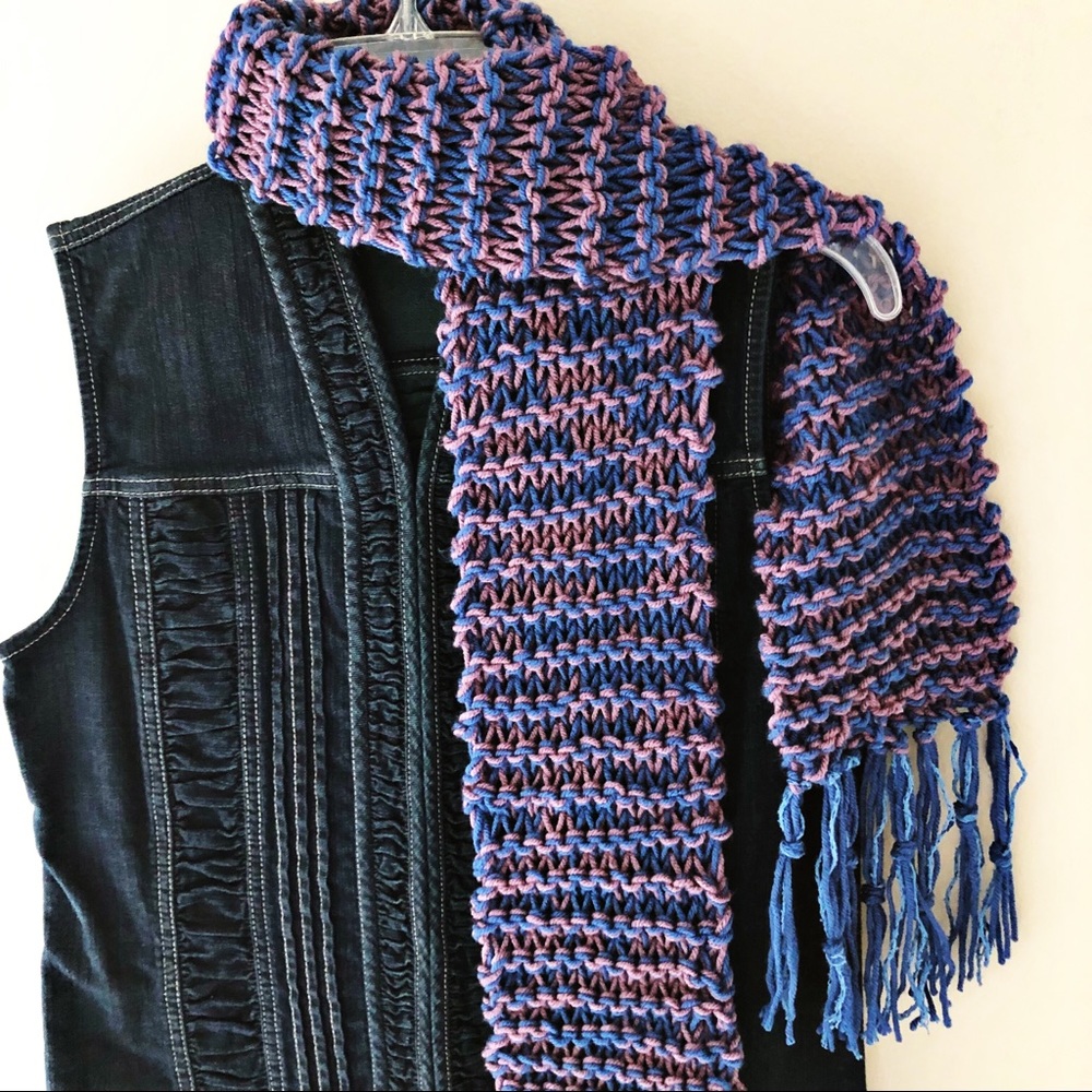 Knitted Scarf Handmade Knit Wrap Chunky Texture Blue Violet Yarn Fringe Blue